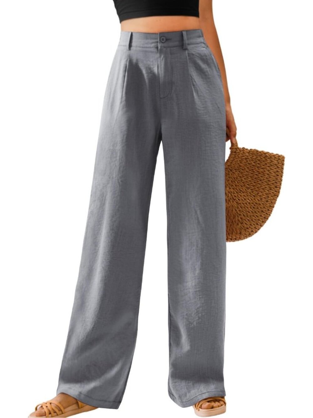 Women's Light Gray High Waisted Button Down Straight Long Casual Wide Leg Pants